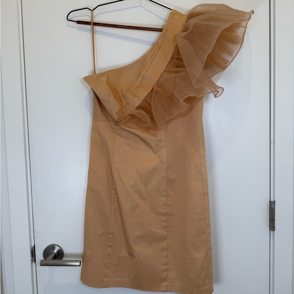 Mark + James by Badgley Mischka Organza One-Shoulder Tan Ruffle Dress - Picture 2 of 11
